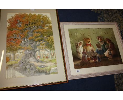 A framed print of a Dolls and Teddy Bears tea party and a framed 'Percy the Park Keeper' Print.
