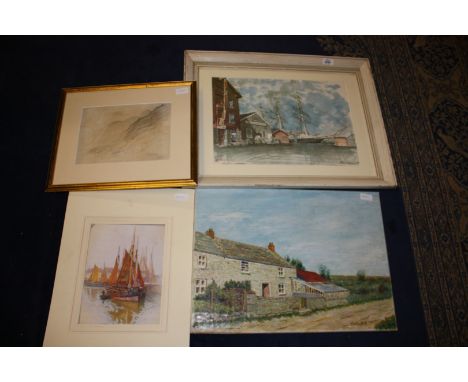A Print of a sketch of Longdale, a Print of fishing boats in harbour, an unframed Oil on canvas of a house and a Paul N. Nort