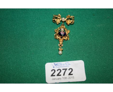 An 18k continental Gold Brooch with enamel and pearls - one pearl missing