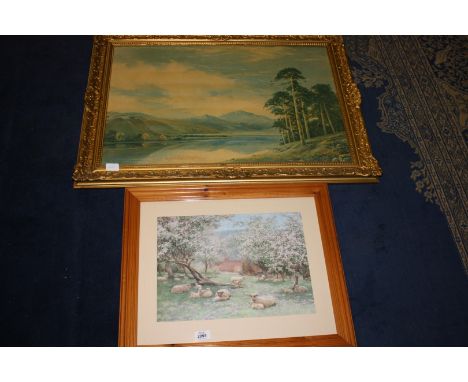 A framed Print of sheep grazing in an orchard, signed lower left V. Riscombe Gardner together with a large framed landscape P