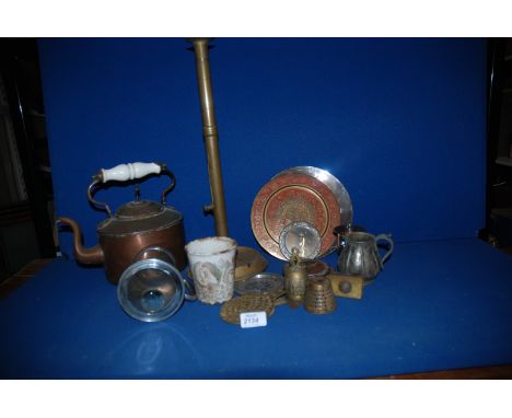 A quantity of metalware including Copper Kettle with white porcelain handle, pewter Tankard with crown to base tall Candlesti