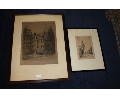 A  Print of John Knox showing a house and Church - 12'' x 16''.  Signed lower right, plus a print ''The Iron Gate, Glasgow'',