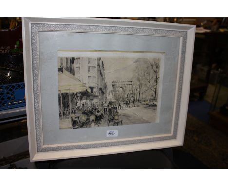 A framed and mounted Print of a Watercolour depicting a Parisian street scene.