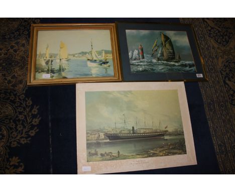 A Peter Leath Print of a Tall Sailing Ship on rough sea with lighthouse, a Print of sailing boats and an unframed Print of th