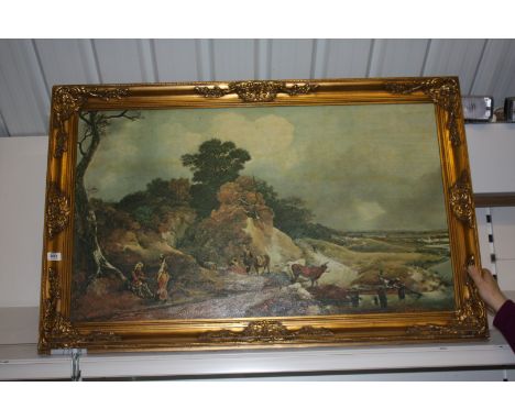 A large Print on canvas depicting a landscape with figures resting at the side of a track with cattle and sheep drinking from