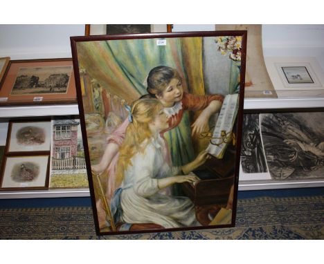 A large framed Print depicting two young girls, one sitting playing a piano and singing, the other standing by her side also 