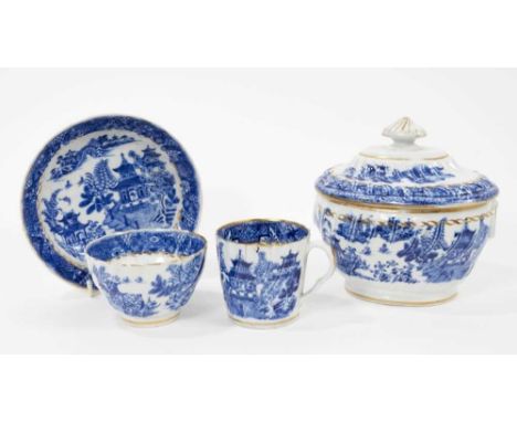 A Chamberlains Worcester blue and white sucrier and trio, printed with Oriental landscapes (4)The cup has a hairline on the r