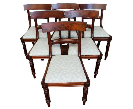 Set of six William IV mahogany bar back dining chairs, with slip in seat on fluted and turned legsMostly good solid condition