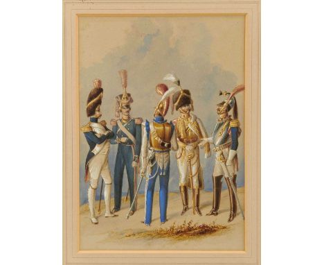 H Heath (19th century), set of four watercolours, Officers in Uniform to include British Army, Madras Presidency, French Army