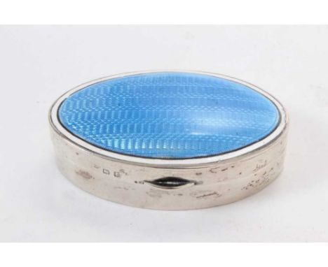 George V silver pill box of oval form with blue guilloché enamel decoration to hinged cover (Birmingham 1918) Maker S Blancke