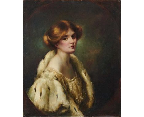 English School, early 20th century, oil on canvas - portrait of a lady in ermine, 76cm x 64cm, unframed 