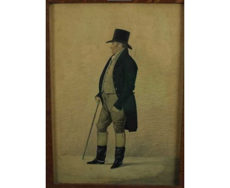 Richard Dighton (1795-1880) pencil, pen, ink and watercolour portrait of a standing gentleman, signed, 30cm x 21.5cm, in glaz