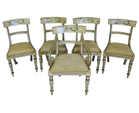 Set of eight William IV dining chairs, later decoratively painted, each with bar back and slip in seat on lappet carved turne
