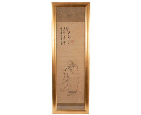 Antique Chinese scroll, painted with a depiction of a sage, signed, in glazed gilt frame, total size 112 x 38cm