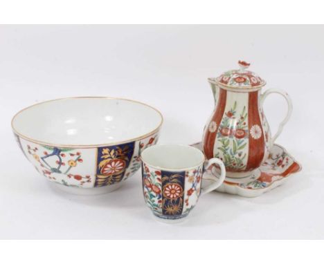 Worcester Kakiemon style porcelain, circa 1770, including a sparrow beak jug, cover and dish on an orange ground, and a bowl 