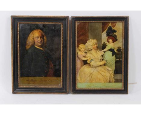Two Georgian style reverse prints on glass, the first after Reynolds depicting a family group, together with a half length po