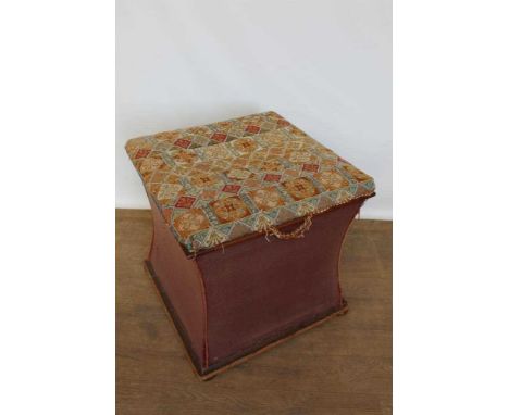 Victorian upholstered ottoman, square waisted form with tapestry to the hinged cover on squat bun feet, 52cm wide