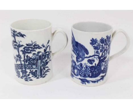 Two Worcester blue and white tankards, circa 1780, one printed with the Parrot Pecking Fruit pattern, the other with the Fenc