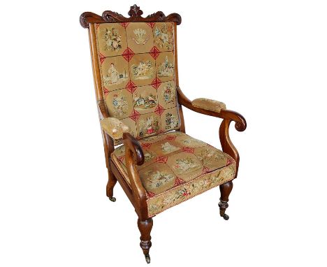 Mid 19th century carved rosewood and tapestry upholstered open armchair, the square back with carved top rail and scrolled ar
