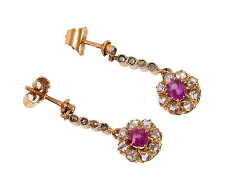 Pair of ruby and diamond drop earrings, the flower head cluster with a mixed cut ruby measuring approximately 4.5mm x 3.7mm s