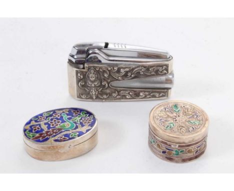 Ronson Varaflame lighter with overlaid silver cover, marked Alex and Co, Sterling, together with an oval white metal and enam