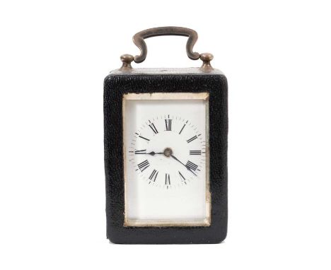 Miniature French carriage clock with movement by Richard et Cie, Paris, the rectangular white enamel dial in black leather co