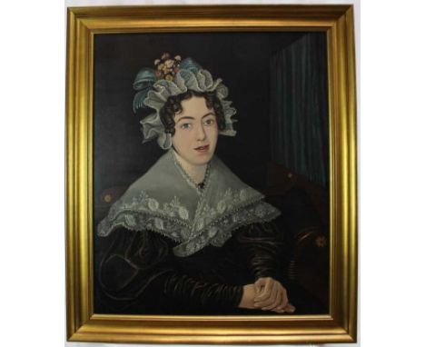 English School, circa 1830, pair of oils on canvas - portraits of a farmer and his wife, 74cm x 62cm, in gilt frames. NB: see
