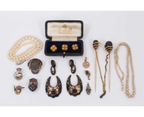 Group of antique jewellery to include a set of three Victorian gold dress studs in box, pair of Victorian piqué work earrings