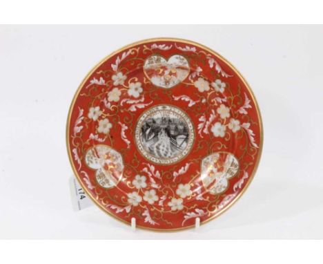 A Chamberlain's Worcester plate, circa 1815-20, decorated in the centre en grisaille with the Armada, surrounded by gilt insc