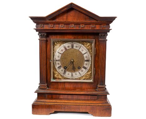 Late 19th century bracket clock with German Blackforest movement by Lenzkirch in architectural temple shape walnut case  with