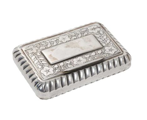 Georgian silver snuff box of rectangular cushion form with brite cut engraved decoration, flush fitting hinged cover with gil