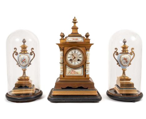 19th century French porcelain and gilt ormolu mantel clock garniture, the movement by Japy Freres &amp; Cie, the porcelain di