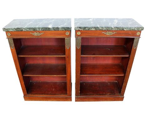 Pair of antique Empire style dwarf marble topped mahogany open bookcases, 54cm wide x 24cm deep x 85cm highLeft bookcase: los