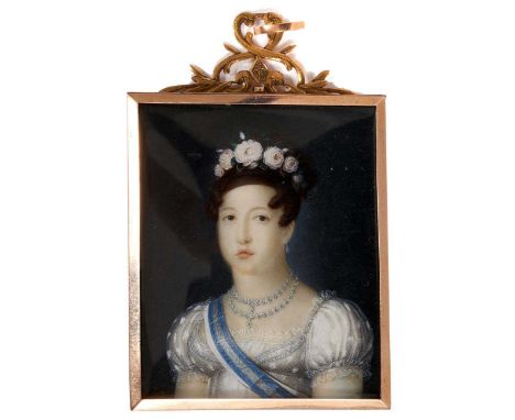 Fine 19th century miniature on ivory portrait of Queen Maria Isabel of Spain (1797-1818) in gold frame, depicted half length 