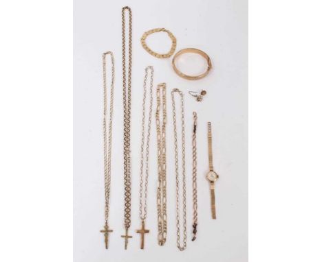 Group of 9ct gold and yellow metal jewellery to include a ladies wristwatch, 9ct gold hinged bangle, various chains and brace