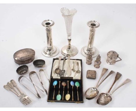 Selection of miscellaneous Georgian, Victorian and early 20th century silver and white metal, to include a pair of candlestic