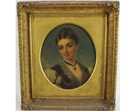 Arthur Miles (act, 1851-1880), oil on board - oval portrait of a pretty young lady, indistinctly signed, 29cm x 24cm, in gilt