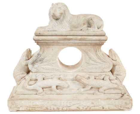Unusual 19th century Empire carved marble clock case, with lion surmount and carved with frogs and lizards to the architectur