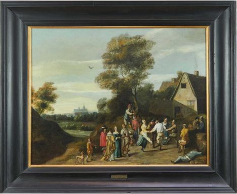 Attributed to Pieter Jansz Quast (1606-1647), oil on canvas, figures outside a tavern, 56cm x 72cm, in ebonised frame Re-line