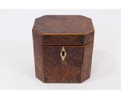 George III burr yew veneered octagonal tea caddy with bone escutcheon, 11.5cm wide