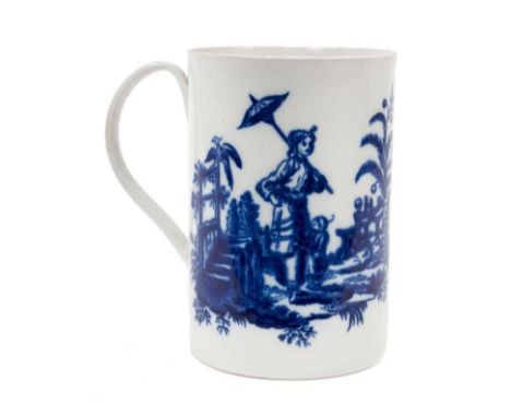 18th century Worcester blue and white printed mug decorated with figures, blue crescent mark 13.5 cm highIn good condition wi