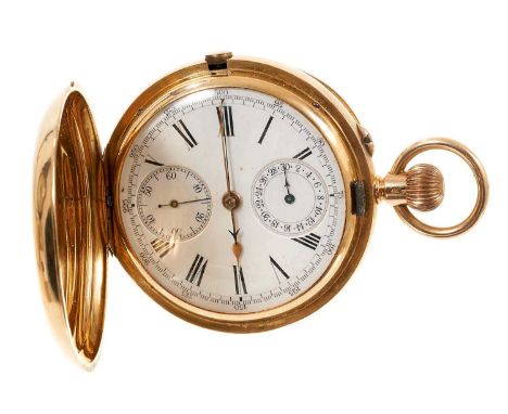 Late 19th century Gentlemen's 18ct gold chronograph full-hunter pocket watch, the Swiss button-wind movement examined by Wils