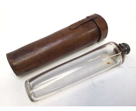 Edwardian glass saddle flak with silver top in brown leather case (Birmingham 1906), flask 25cm long