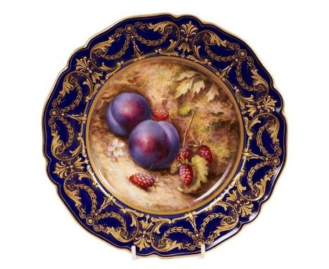 A Royal Worcester cabinet plate, of scalloped form, finely painted with plums and raspberries by Richard Sebright, the outsid