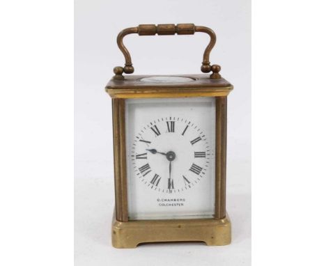 'Of local interest', antique carriage clock retailed by G. Chambers, Colchester, with French movement, rectangular white enam