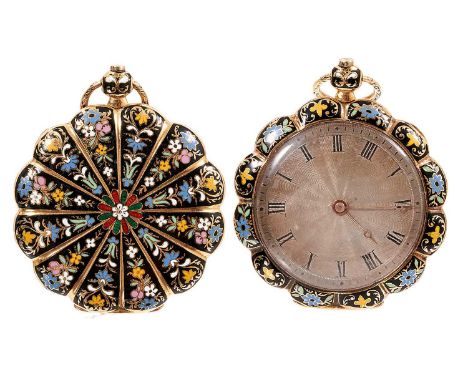 Fine quality 19th century Swiss gold and enamel fob watch with engine turned silver dial in flower shape gold case with finel