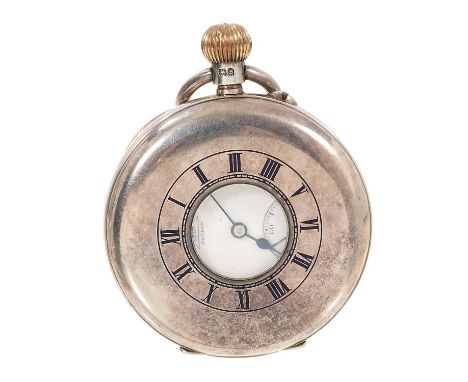 1920s Gentlemen's silver half-hunter pocket watch by Dent, London, with three-quatre plate button-wind movement signed and nu