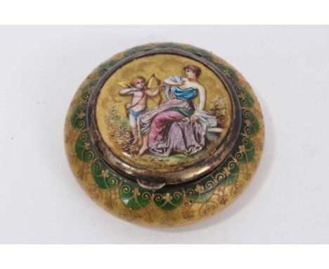 Continental enamelled and silver mounted cushion snuff box, finely enamelled to the hinged cover with scene of cupid and Dian