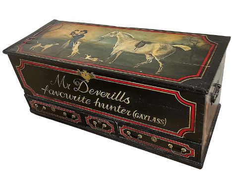 18th century style painted trunk, 103cm wide x 42cm deep x 46cm highGood condition, crack to lid and several raised splits, v