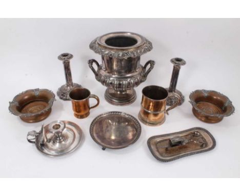 Collection of early 19th century old Sheffield plate, including twin handled wine cooler, pair of wine coasters, pair of cand